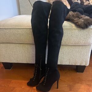 Gorgeous Wild Diva Black Peep toe Lace-Up Over-the-Knee Boots❤️8.5